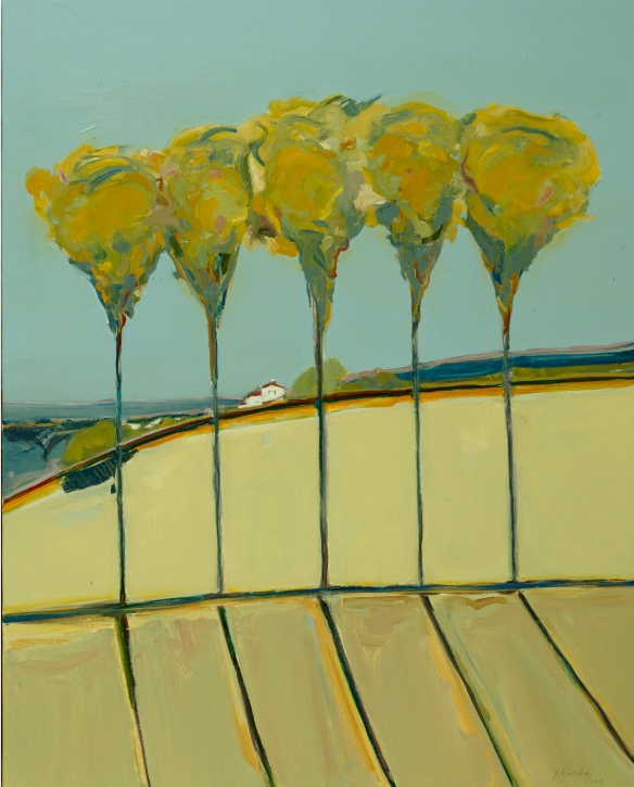 Gregory Kondos, “French Poplars,” 2004. Oil on canvas, 36 x 28 ½ in. Collection of Susan and Paul Prudler.