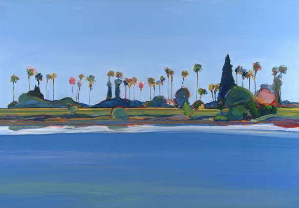 Gregory Kondos, “Sacramento River with 32 Palms,” 2001. Oil on canvas, 42 x 60 inches. Melza and Ted Barr Collection.